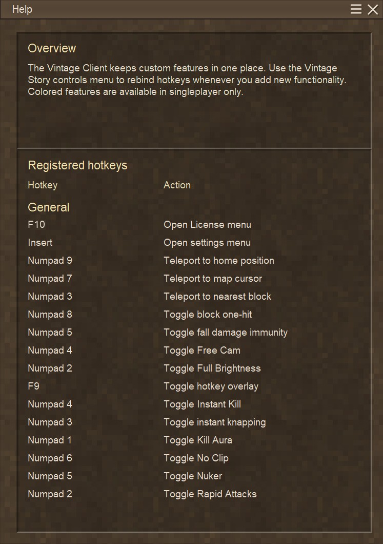 VintageClient help and hotkey overview