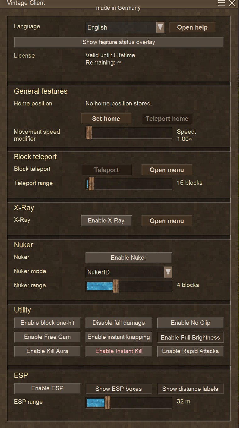 VintageClient main settings menu